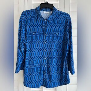 NEW YORK & COMPANY Blue & Black Button Down V-neck 3/4 Sleeve Blouse Size XL